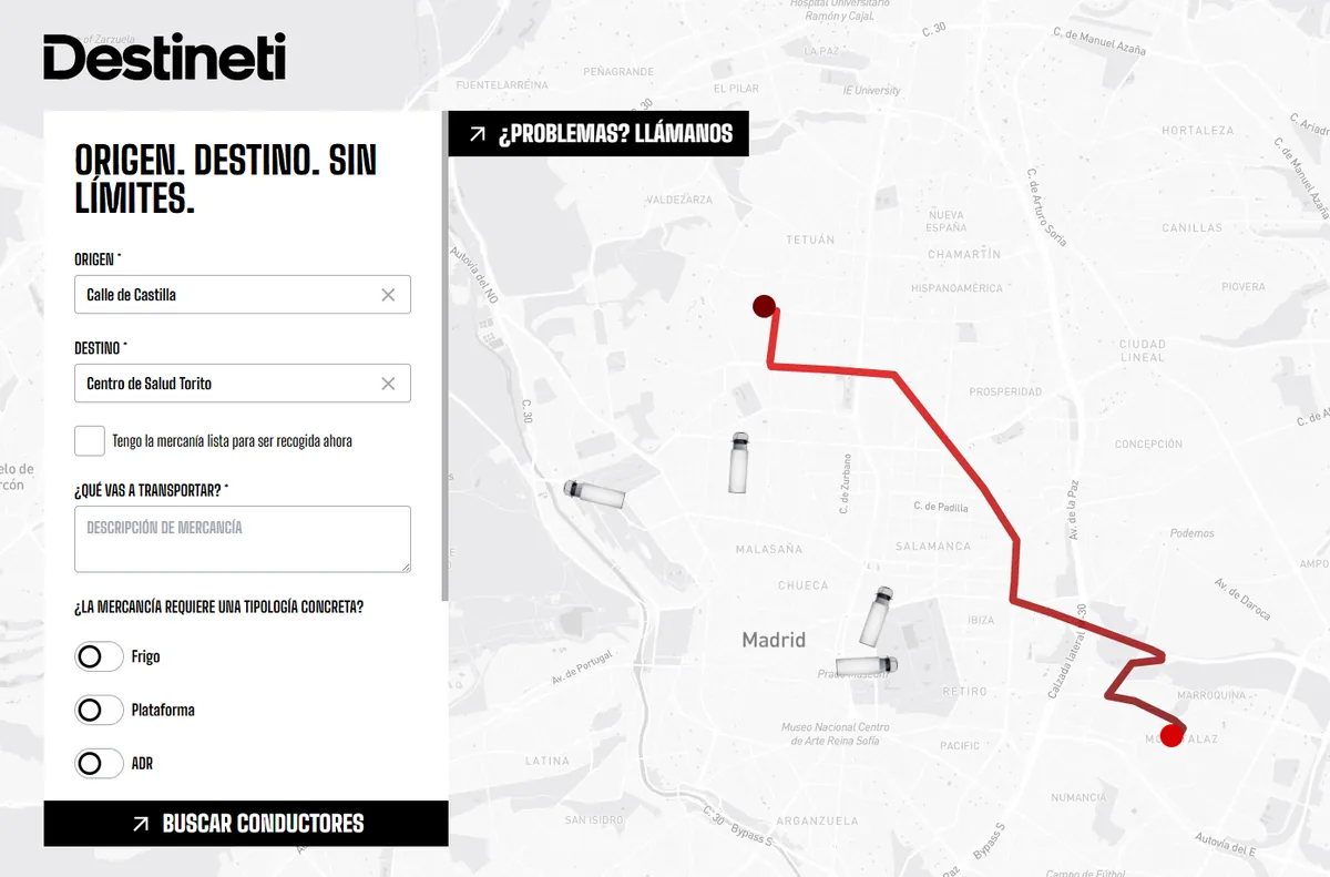 Web de Destineti para buscar servicios de transporte en un mapa
