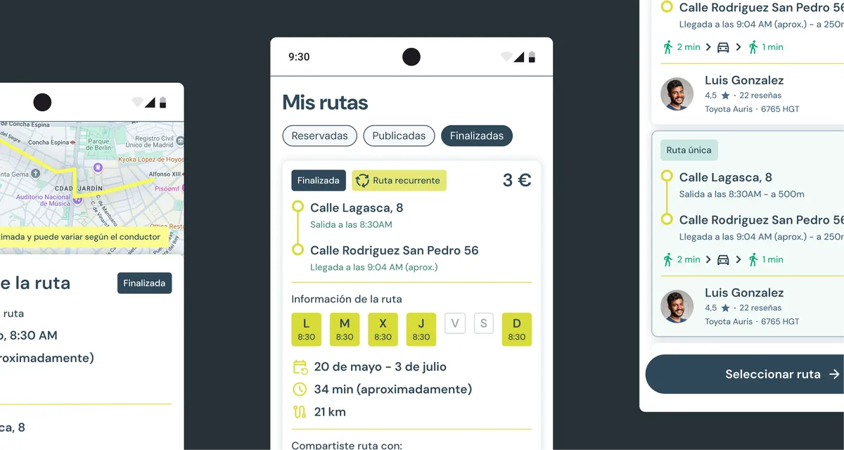 Pantallas de la app móvil de Onygo para compartir coche